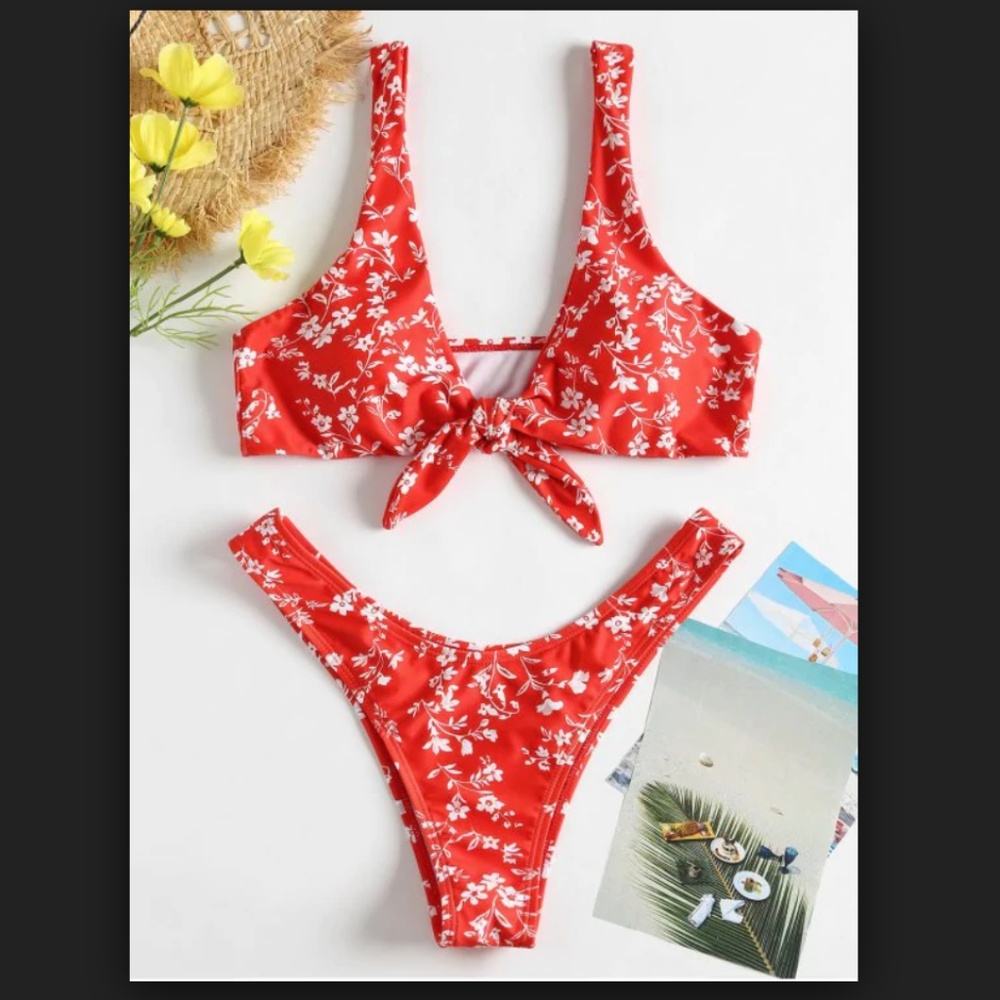 Zaful Red Floral Knotted Bikini Set